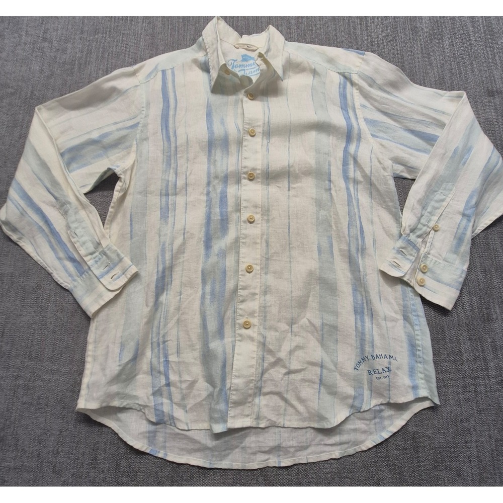 Tommy Bahama 100% linen white blue vertical striped relax‎ shirt Med button up